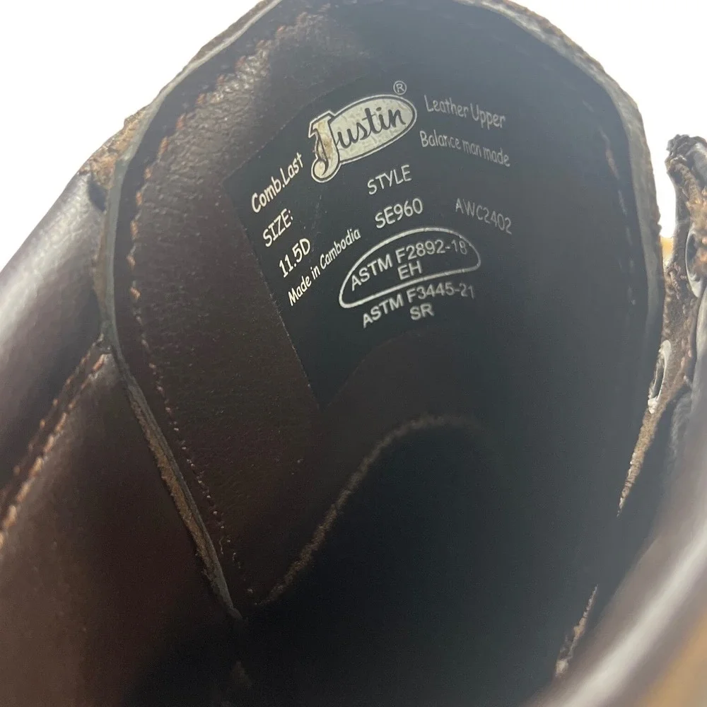 Justin Mens SE960 Waterproof Leather Work Boots Brown Soft Toe EH‎ SR Size 11.5D